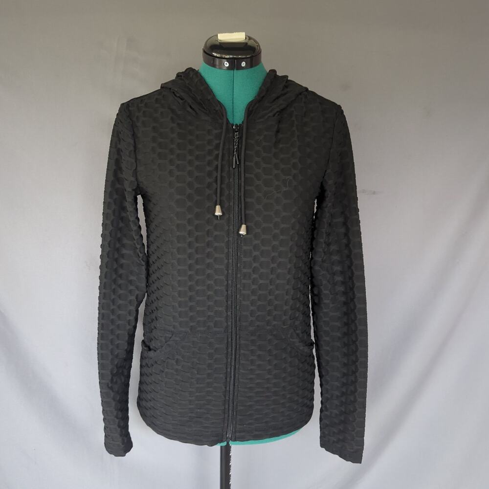 NEW MIX Black Textured Zip Front Jacket Fall Layering Stretch